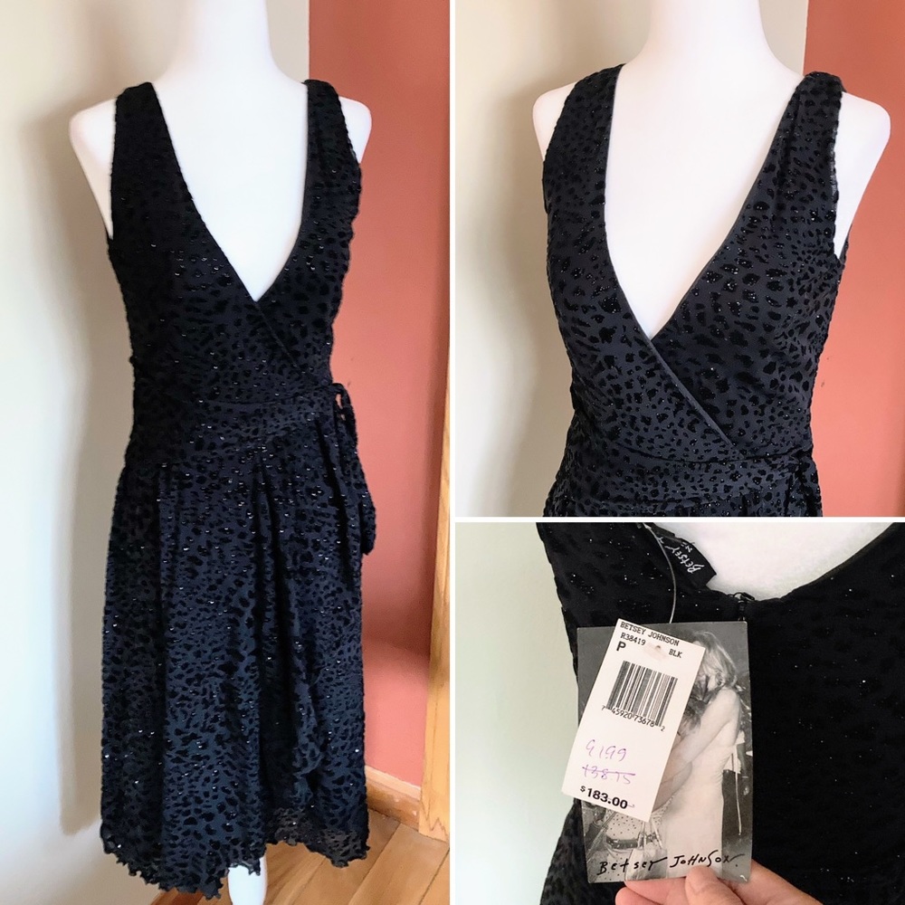 NWT Vintage Betsey Johnson 90s Black Leopard Print Nylon Rayon Glitter Dress XS